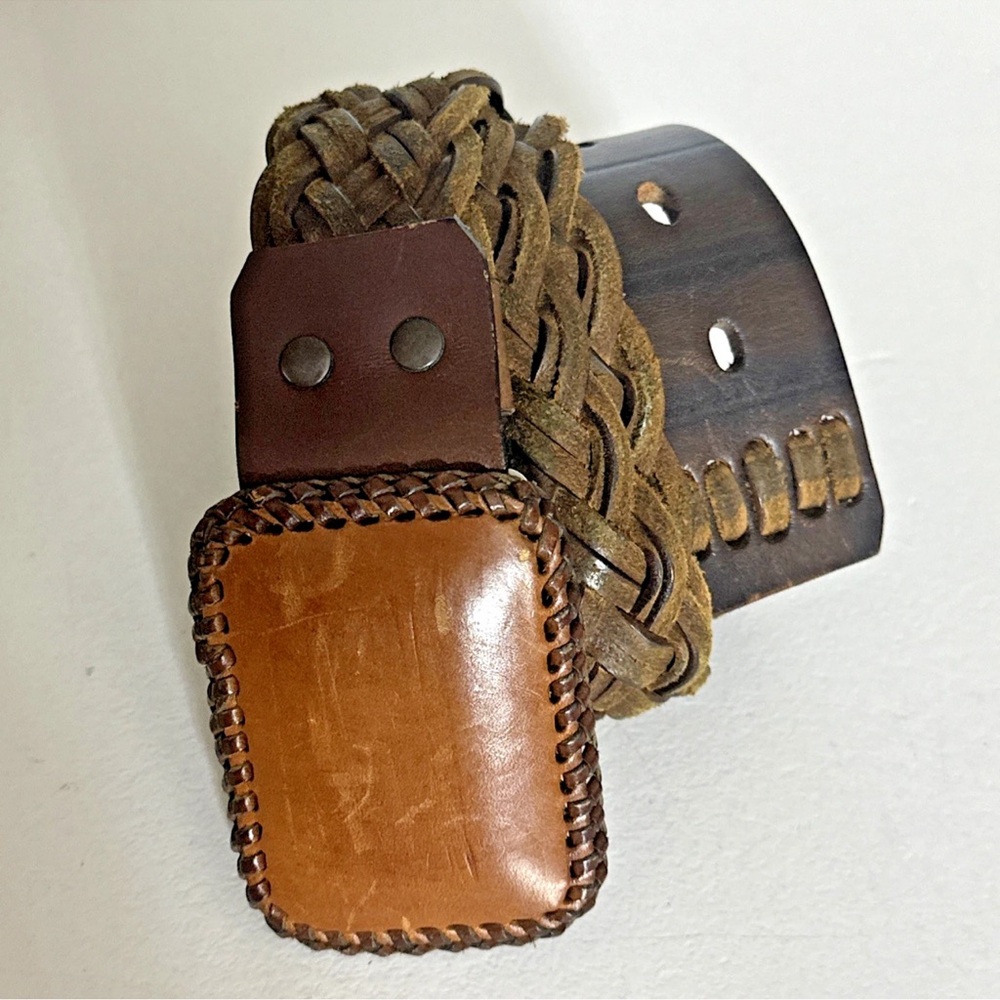 Belt Vintage Braided Leather Belt w/Leather Buckle Distressed Size Med